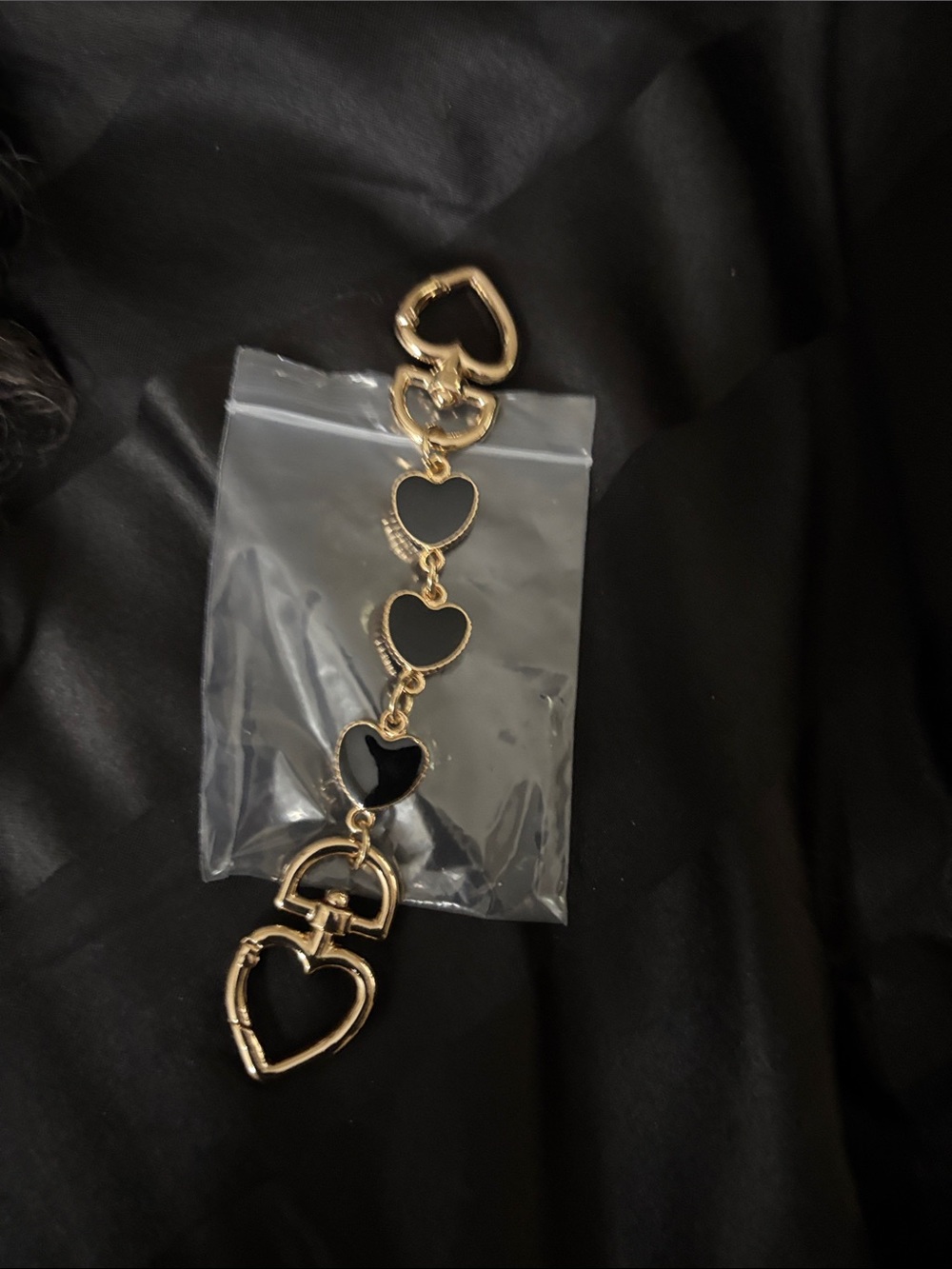 New Bag Extender Gold Heart Link Bracelet with Black Enamel Hearts